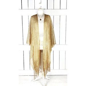 Gold metallic mesh kimono cover up fringe jacket